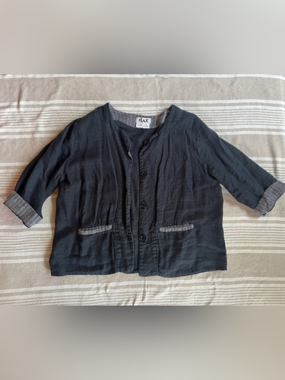 FLAX Women's Large Black Button-Front Lightweight Jacket with striped details XL